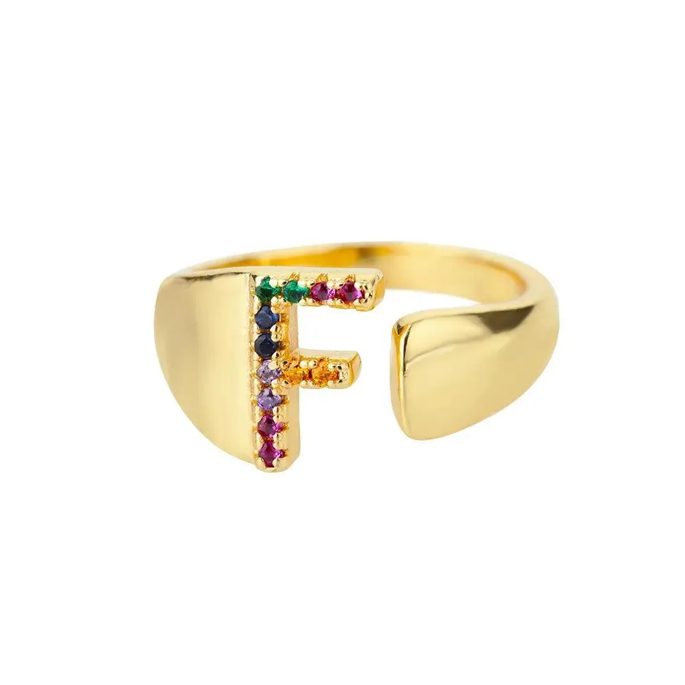 New Rainbow Zircon Letter Rings For Girls, Women - Fashion Chunky Wide Letter A-Z Stainless Steel Rings, Boho Jewellery