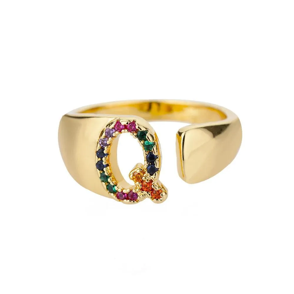 New Rainbow Zircon Letter Rings For Girls, Women - Fashion Chunky Wide Letter A-Z Stainless Steel Rings, Boho Jewellery