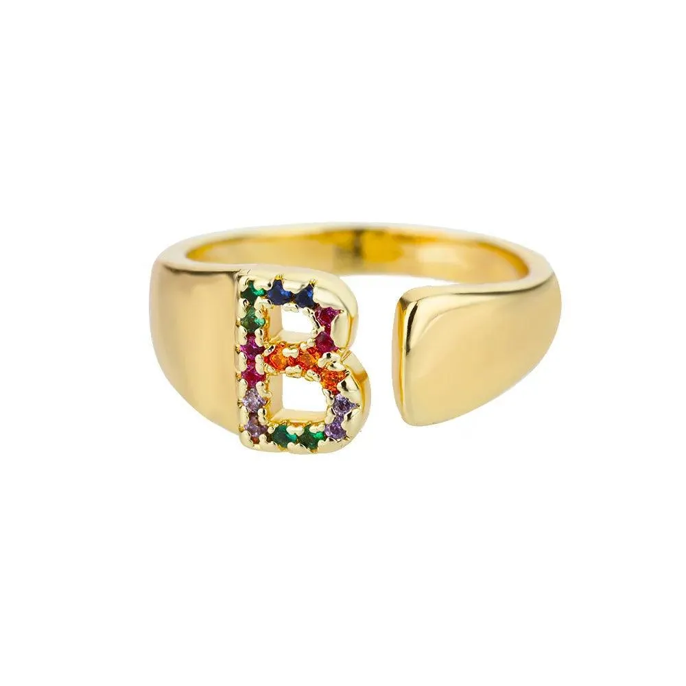 New Rainbow Zircon Letter Rings For Girls, Women - Fashion Chunky Wide Letter A-Z Stainless Steel Rings, Boho Jewellery