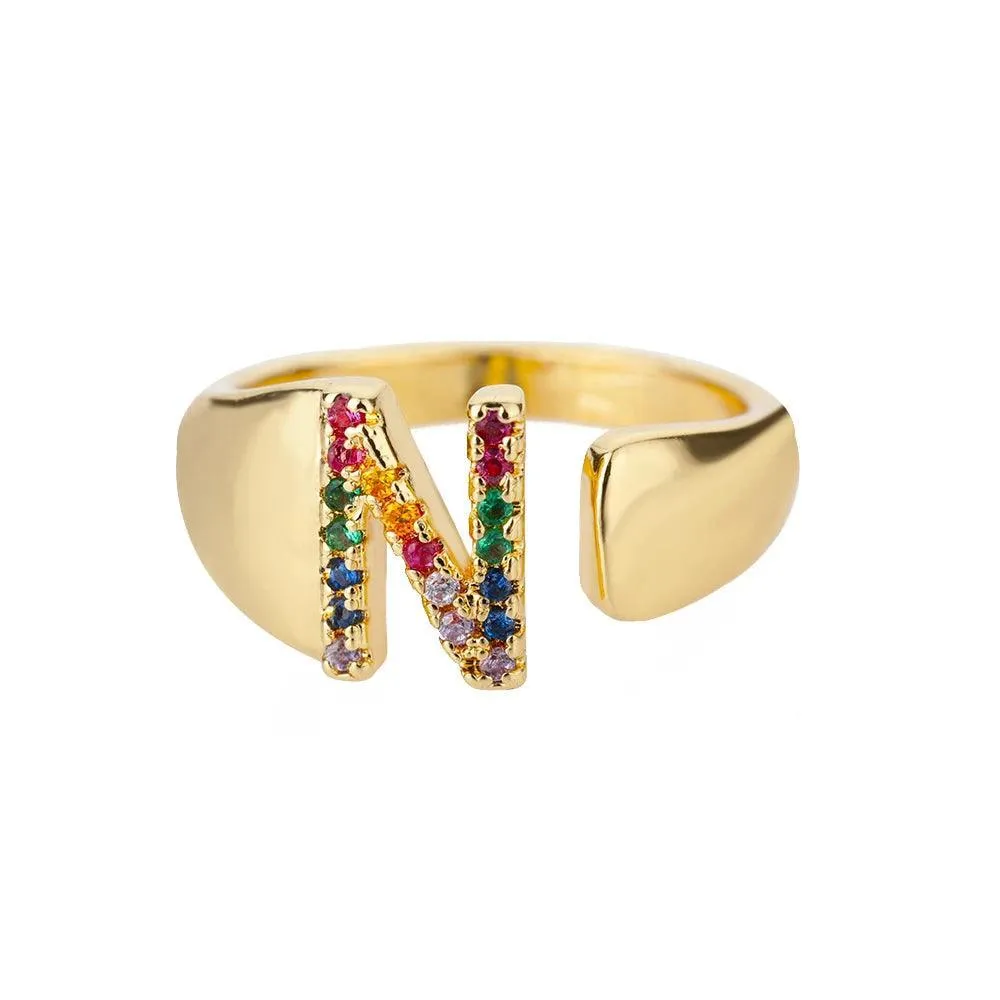 New Rainbow Zircon Letter Rings For Girls, Women - Fashion Chunky Wide Letter A-Z Stainless Steel Rings, Boho Jewellery