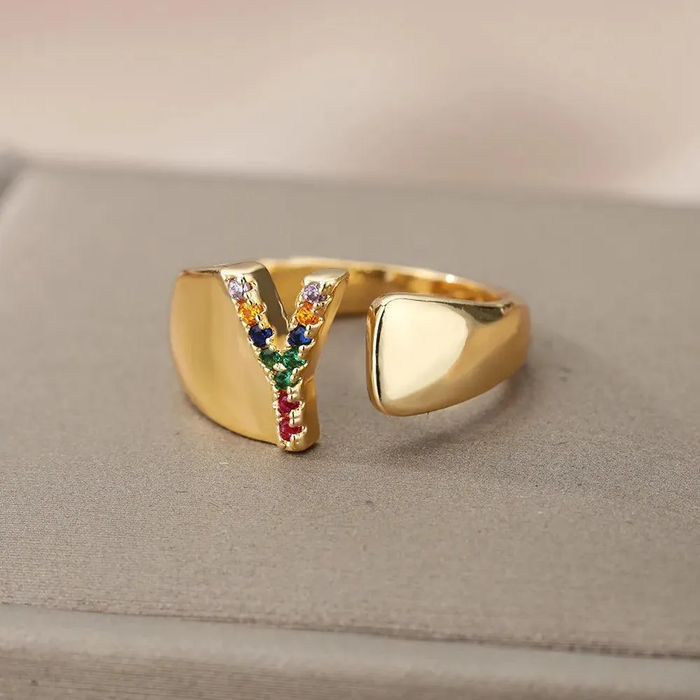 New Rainbow Zircon Letter Rings For Girls, Women - Fashion Chunky Wide Letter A-Z Stainless Steel Rings, Boho Jewellery