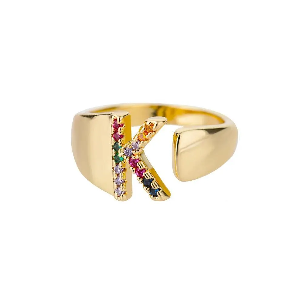 New Rainbow Zircon Letter Rings For Girls, Women - Fashion Chunky Wide Letter A-Z Stainless Steel Rings, Boho Jewellery