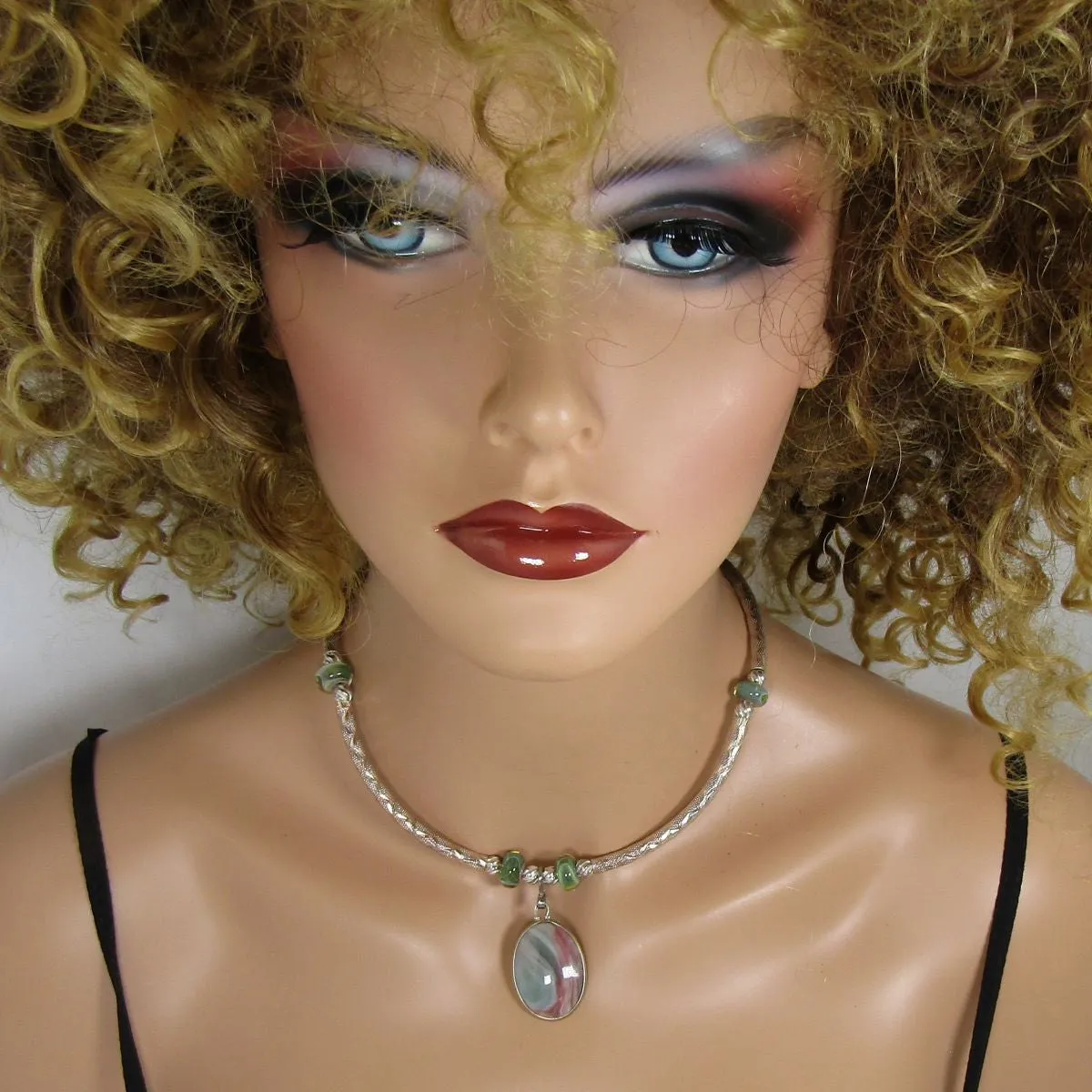 Ocean Wave Jasper Gemstone & Silver Pendant Necklace