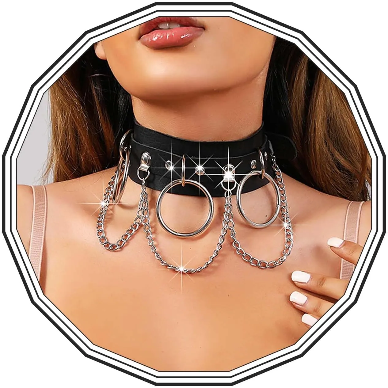 Olbye Circle Leather Choker Necklace Black Studded Rock Punk Collar Necklace PU Gothic Short Necklaces Adjustable Link Necklaces Jewelry for Women