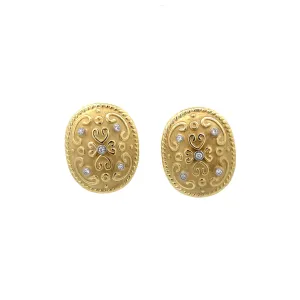 Oval Ornate Diamond Clip-on Earrings 18K Yellow Gold