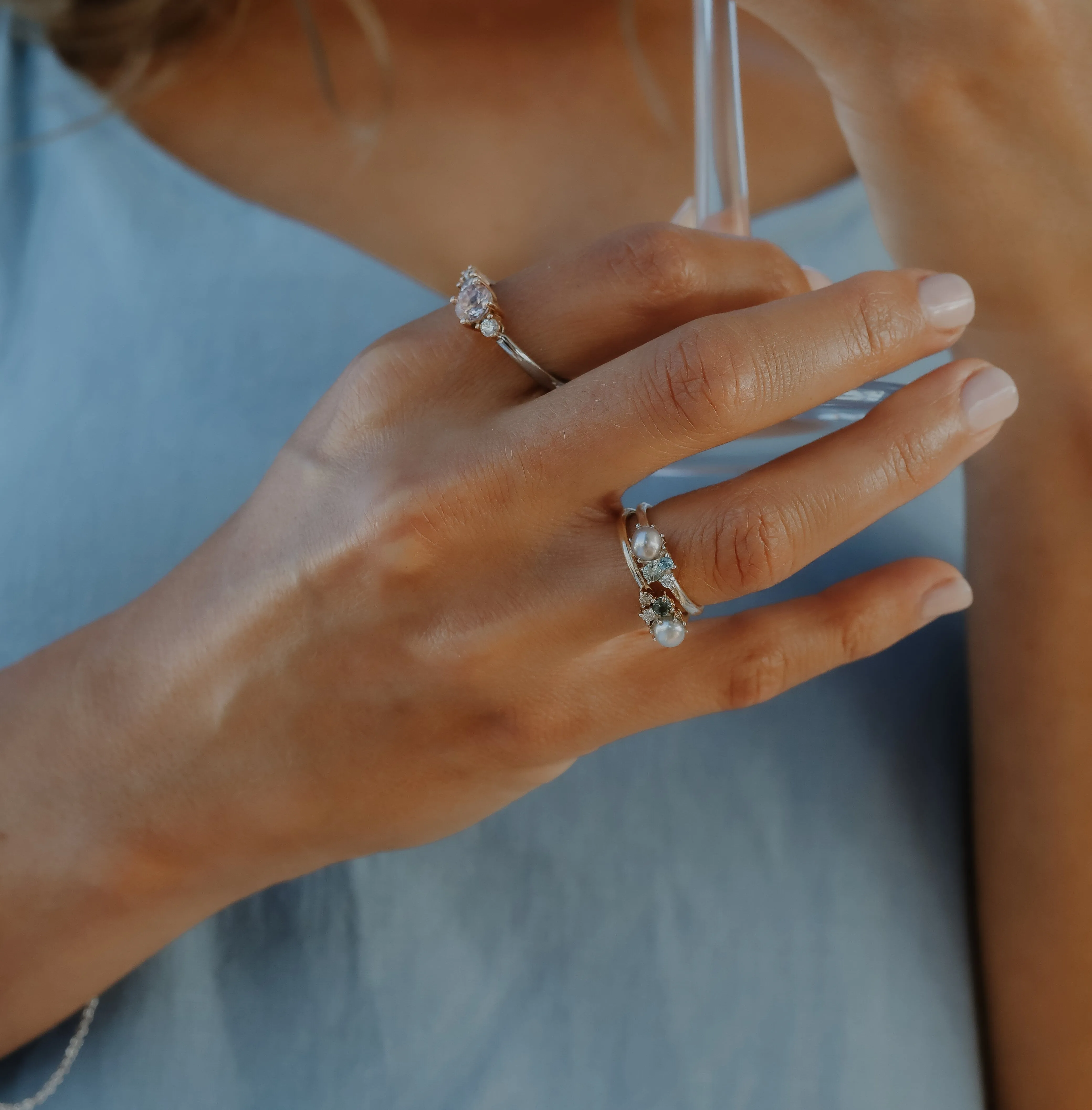 Pearl and Sapphire Cluster Ring in Silver