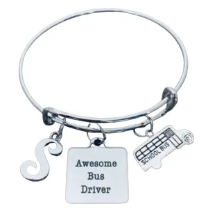 Personalized Bus Driver Charm Bangle Bracelet with Letter Charm, Awesome Bus Driver Appreciation Thank You Jewelry