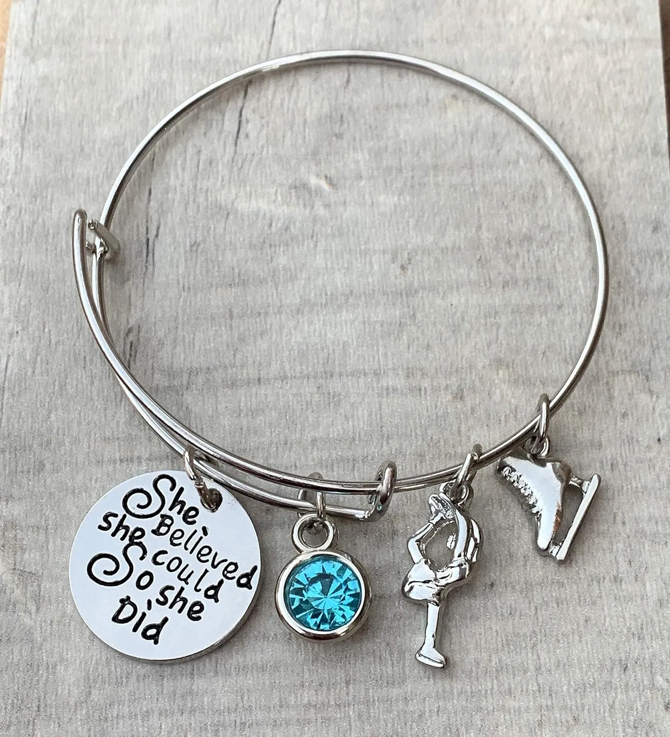 Personalized Figure Skating Bracelet with Birthstone Charm, Girls Ice Skating Jewelry, Ice Skate Charm Bracelet -Figure Skating Gifts (She Did)