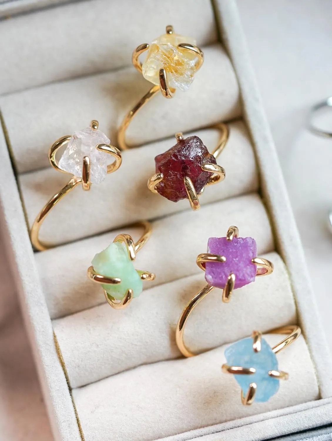 Personalized Gemstone Stacking Rings, Raw Gemstone Ring for Women, Unique Gifts for Her, Gold Plated Rings, Adjustable Statement Rings, Raw Crystal Rings, Customizable Rings (Silver-Plated)