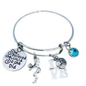 Personalized Volleyball Charm Bangle Bracelet with Birthstone Charm, Custom Girls Volleyball Jewelry - Gift For Volleyball Players & Teams