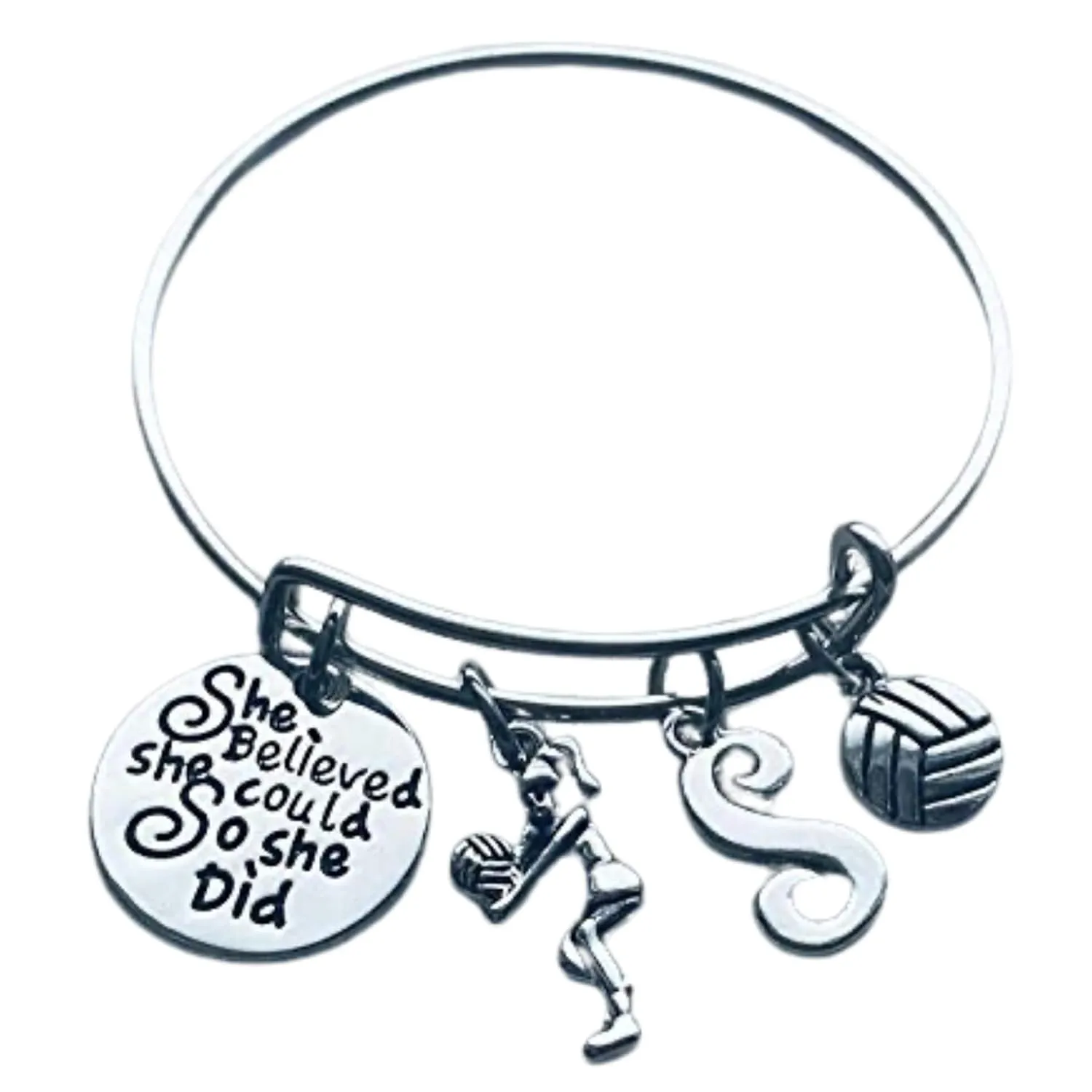Personalized Volleyball Charm Bangle Bracelet with Initial Charm, Custom Girls Volleyball Jewelry - Perfect Gift For Volleyball Players & Teams