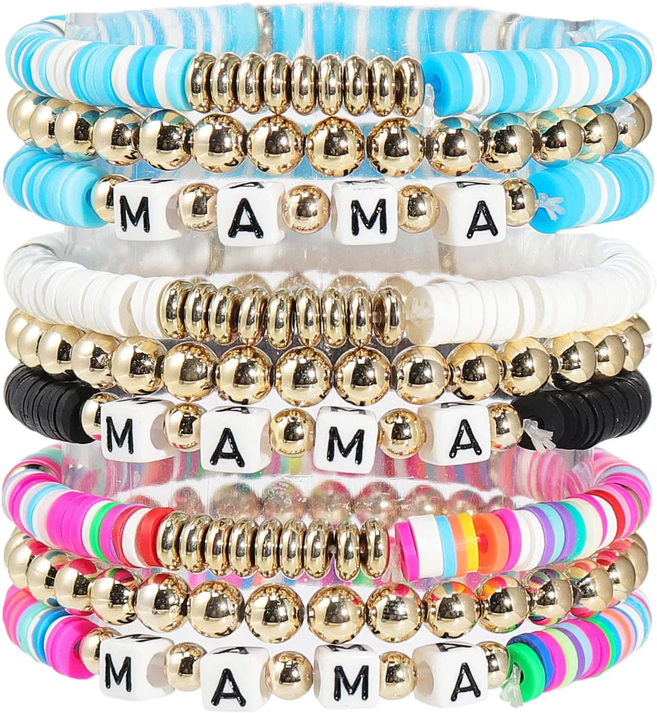 Pingyongchang 9 Pcs MAMA Heishi Bracelet Set Stackable Heishi Clay Beaded Stretch Surfer Bracelet Summer Beach Elastic Layering Bracelets for Women Mother Thanksgiving Mother's Day Gifts Jewelry