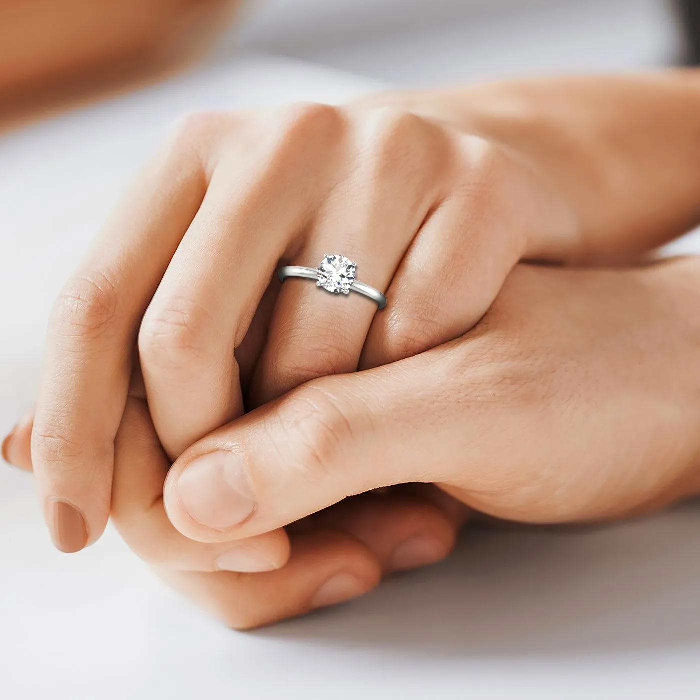 Plat Round Solitaire Engagement Ring With Lower Hidden Halo Curved With 8 Prong Set Round Diamonds
