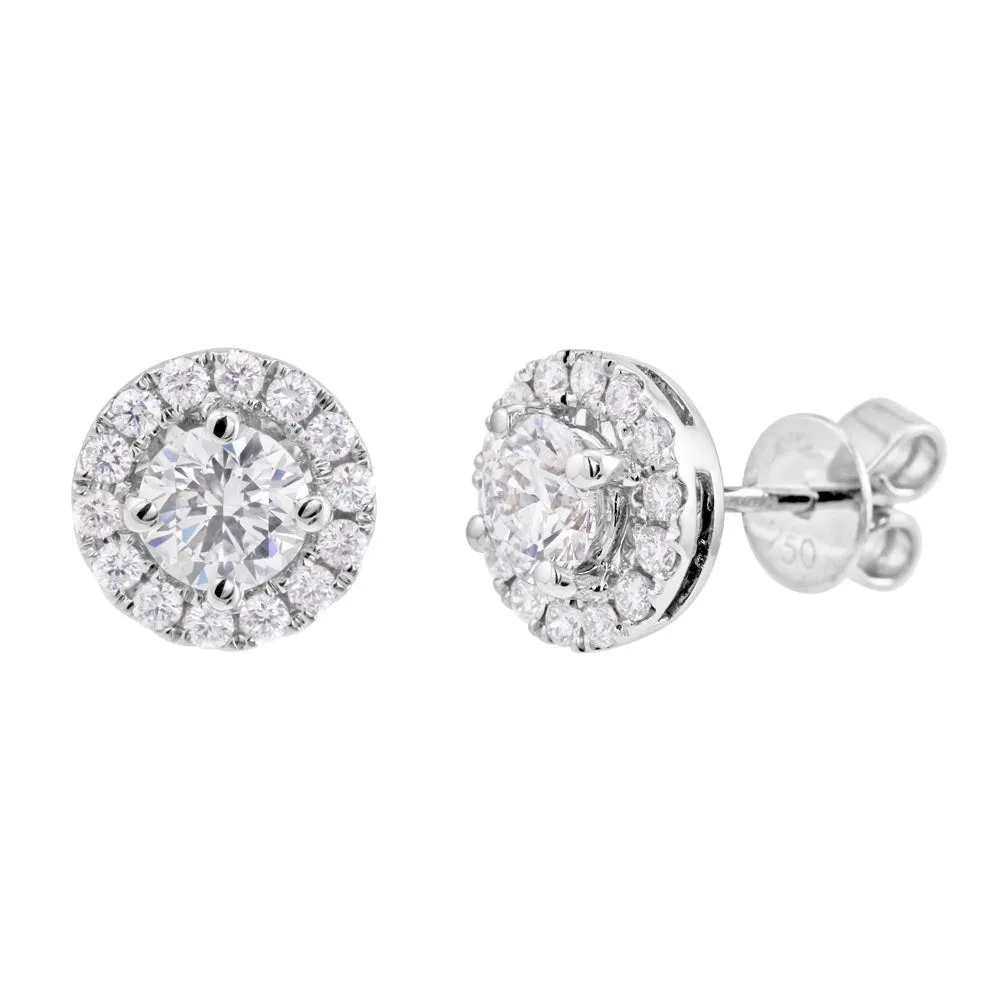 Platinum 1.36ct Round Brilliant Cut Diamond Halo Stud Earrings