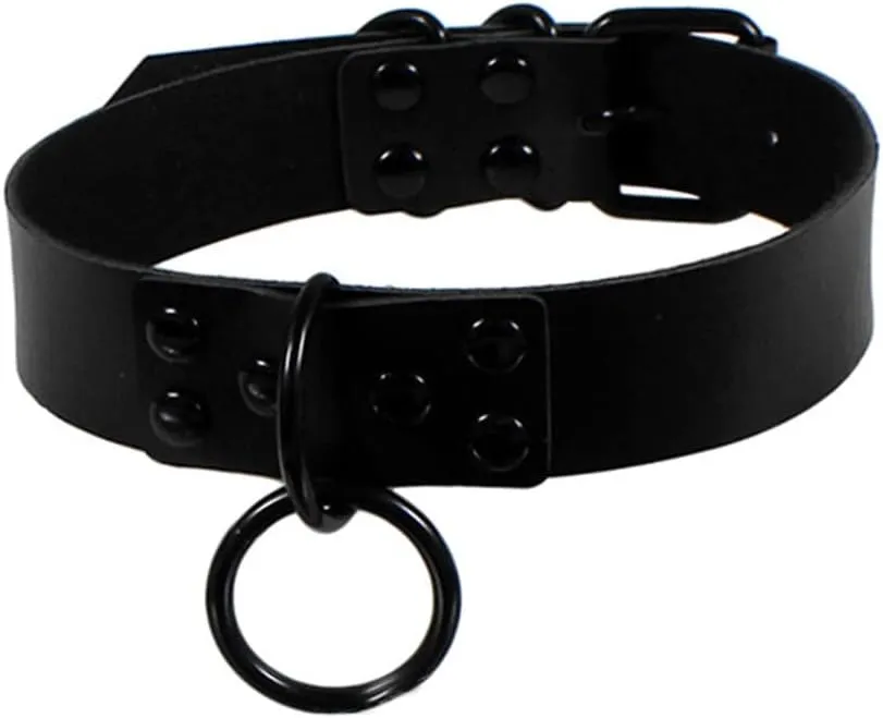 Punk O Shape Ring Pendant Necklace Circle Loop Round Hoop Leather Belt Collar Choker Necklace with Link Chain Necklace Gothic Wide Face Belt Necklace for Women Men