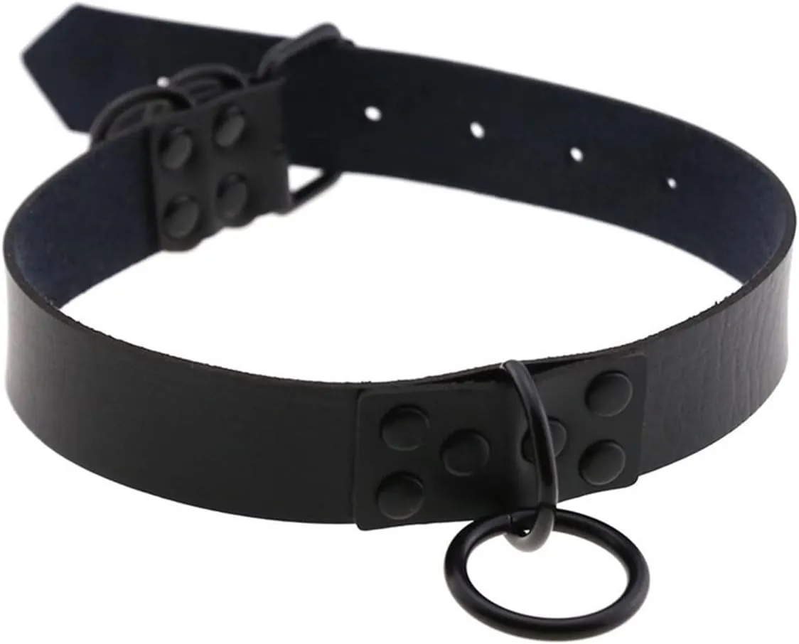Punk O Shape Ring Pendant Necklace Circle Loop Round Hoop Leather Belt Collar Choker Necklace with Link Chain Necklace Gothic Wide Face Belt Necklace for Women Men