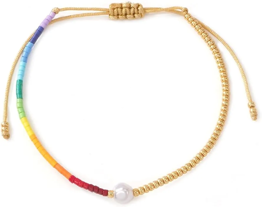 Rainbow Gold Beaded Drawstring Bracelets for Women Dainty White Pendant Friendship Bracelet,Handmade Fashion Charm Jewelry Gifts