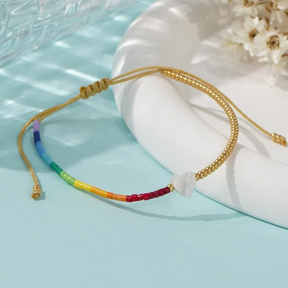 Rainbow Gold Beaded Drawstring Bracelets for Women Dainty White Pendant Friendship Bracelet,Handmade Fashion Charm Jewelry Gifts