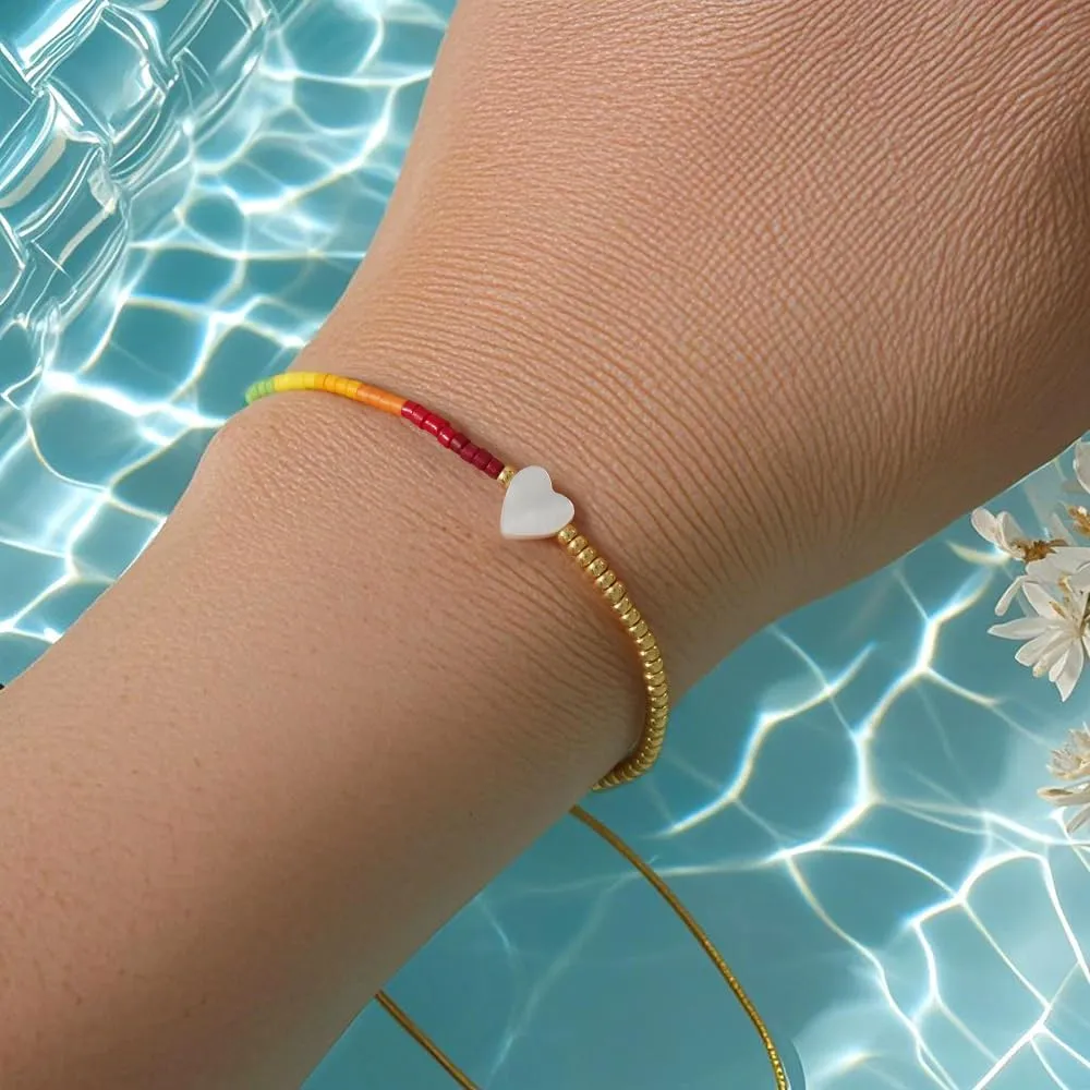 Rainbow Gold Beaded Drawstring Bracelets for Women Dainty White Pendant Friendship Bracelet,Handmade Fashion Charm Jewelry Gifts