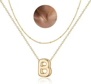 RANKEEF Bubble Letter Necklace Gold A-Z Layered Gold Initial Necklace For Women Bubble Necklace Letter 14k Plated Personalized Necklaces For Women Jewelry