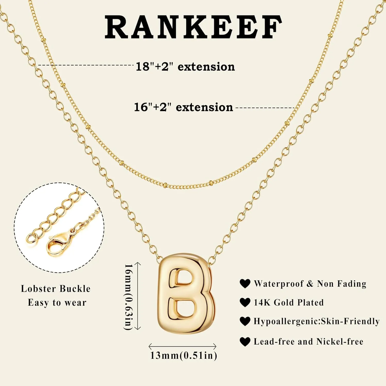 RANKEEF Bubble Letter Necklace Gold A-Z Layered Gold Initial Necklace For Women Bubble Necklace Letter 14k Plated Personalized Necklaces For Women Jewelry