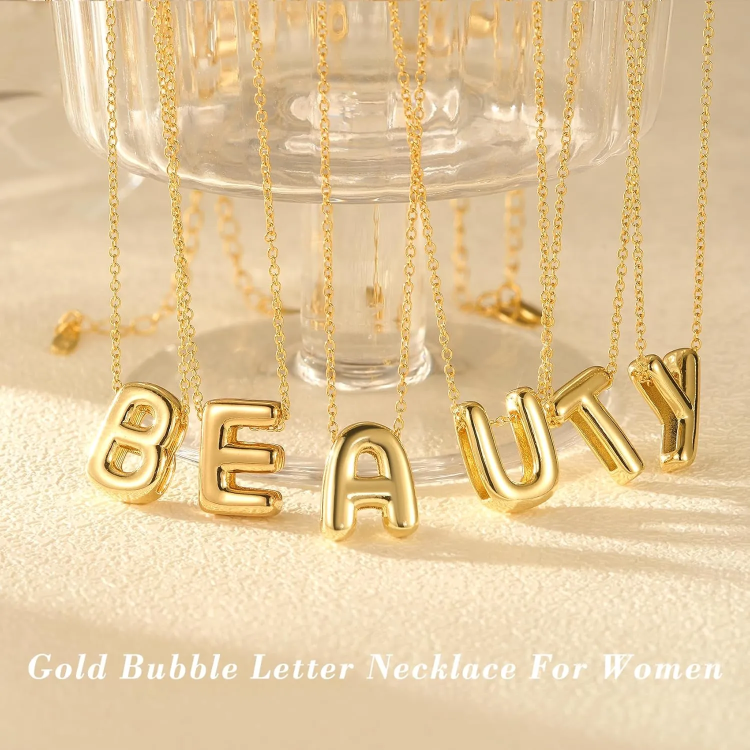 RANKEEF Bubble Letter Necklace Gold A-Z Layered Gold Initial Necklace For Women Bubble Necklace Letter 14k Plated Personalized Necklaces For Women Jewelry