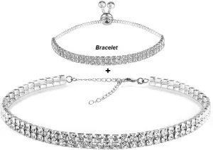 Rhinestone Choker Necklaces Set Silver Sparkly Diamond Choker Tennis Bracelet Necklace Set for Women
