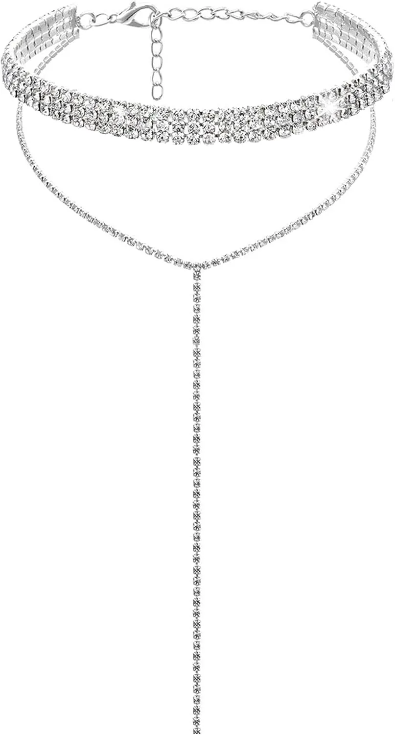 Rhinestone Choker Necklaces Silver Sparkly Diamond Choker Crystal Necklace for Women