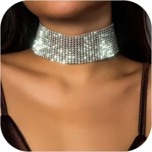 Rhinestone Necklace for Women Gold Choker Silver Sparkling Diamond Choker Crystal Rhinestone Glitter Necklaces Sparkly Collar Necklaces for Parties, Proms, Weddings, Bridal and Bridesmaid