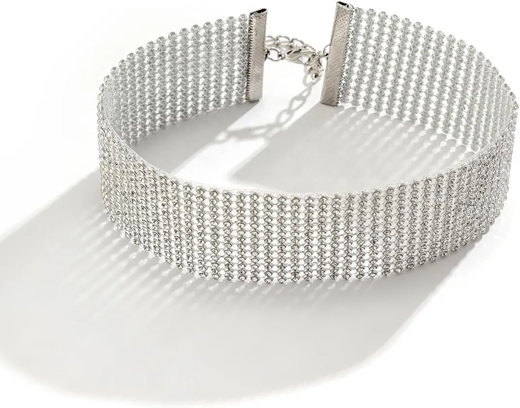Rhinestone Necklace for Women Gold Choker Silver Sparkling Diamond Choker Crystal Rhinestone Glitter Necklaces Sparkly Collar Necklaces for Parties, Proms, Weddings, Bridal and Bridesmaid