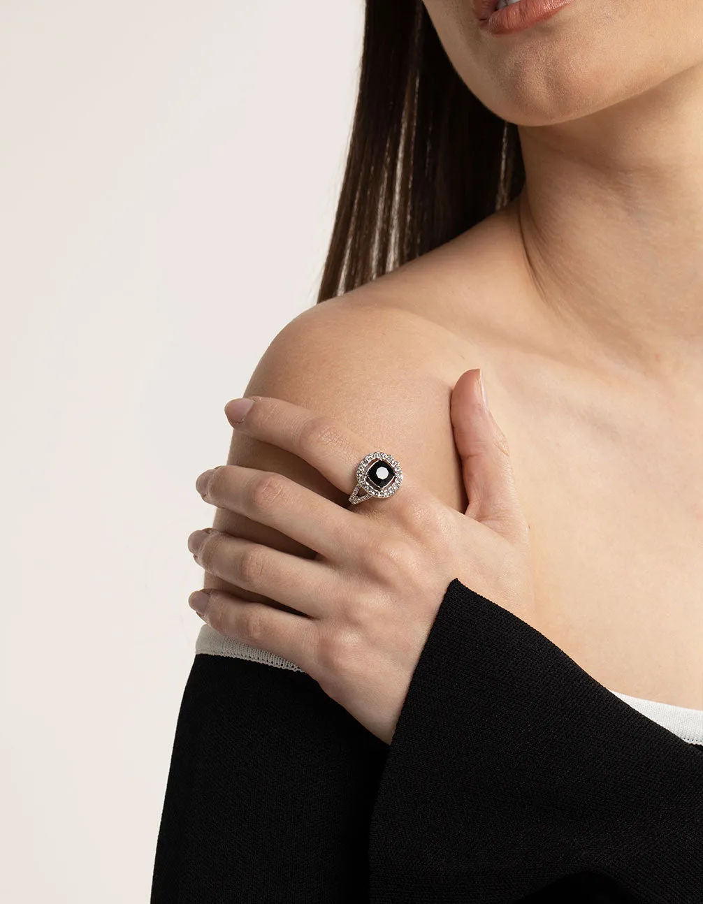 Rhodium Cushion Halo Ring