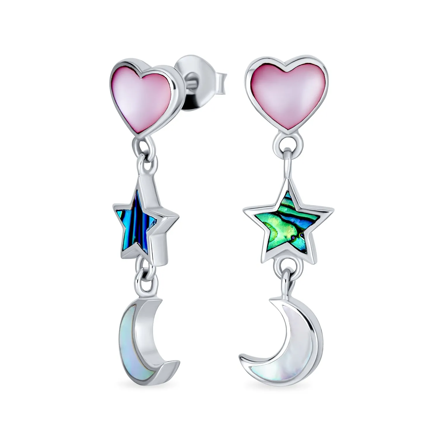 Romantic Celestial Moon and Stars Dangle Earrings with Pink Heart and Pearl Inlay