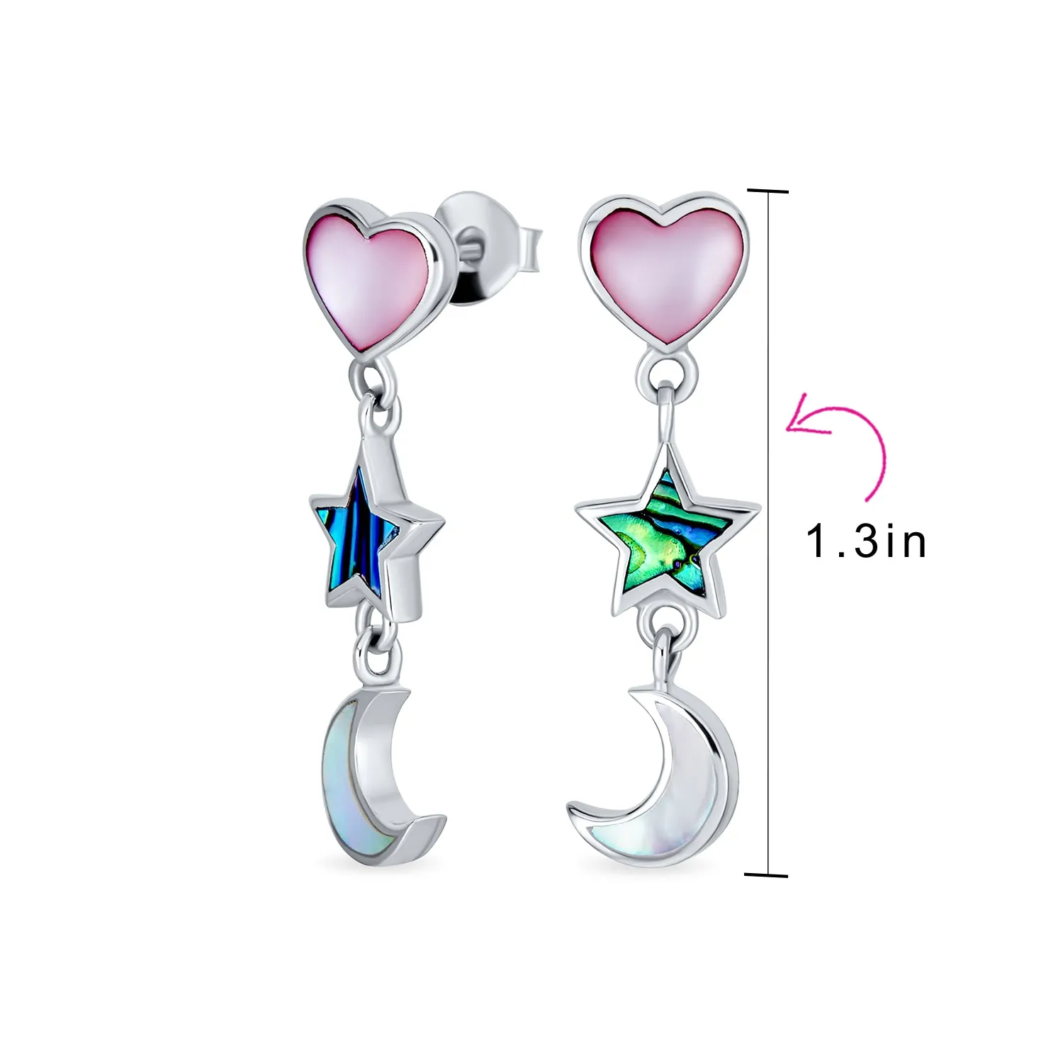 Romantic Celestial Moon and Stars Dangle Earrings with Pink Heart and Pearl Inlay