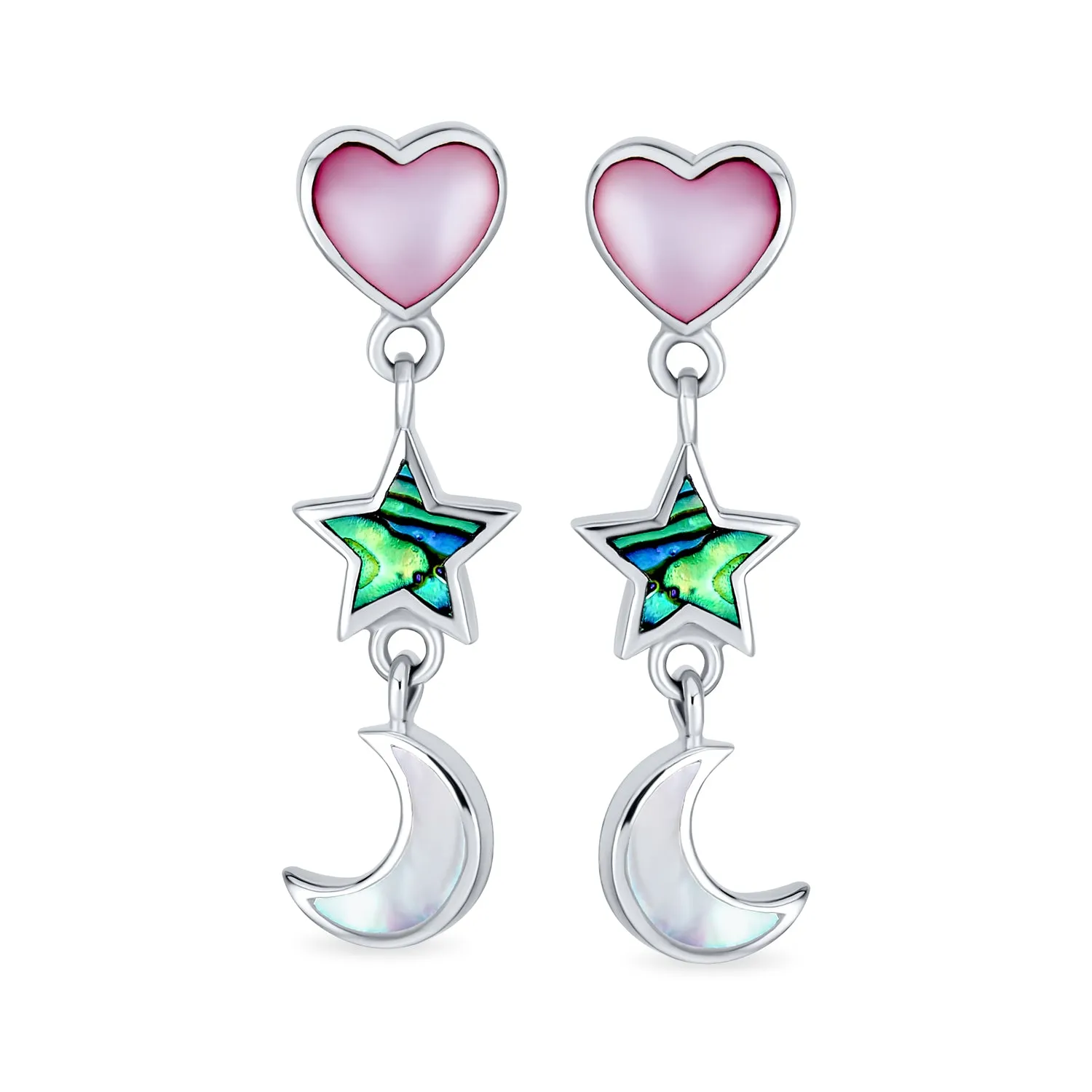 Romantic Celestial Moon and Stars Dangle Earrings with Pink Heart and Pearl Inlay