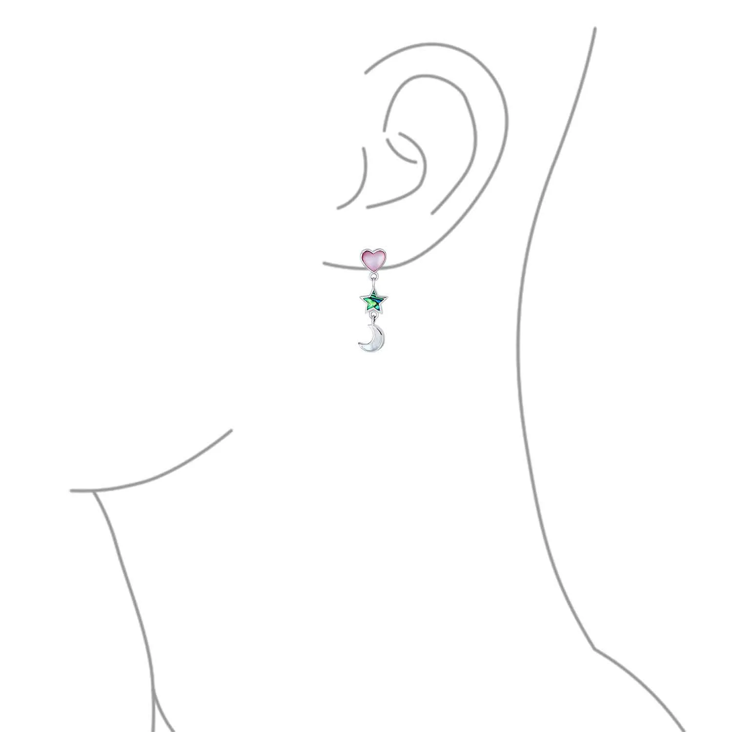 Romantic Celestial Moon and Stars Dangle Earrings with Pink Heart and Pearl Inlay