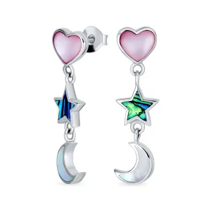 Romantic Celestial Moon and Stars Dangle Earrings with Pink Heart and Pearl Inlay