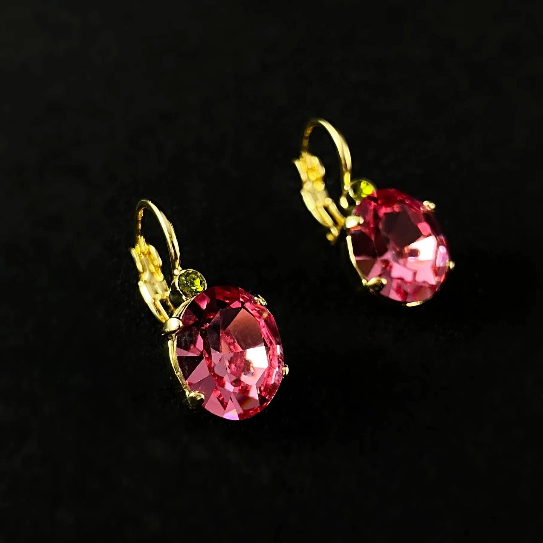 Rose Colored Round Crystal Earrings with Gold Finish and Lever-back Closure, Claudia- Sorrelli