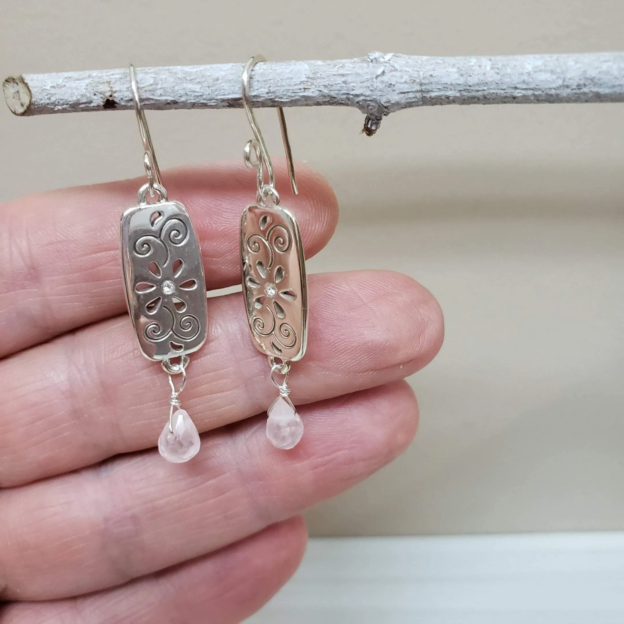 Rose Quartz silver earrings