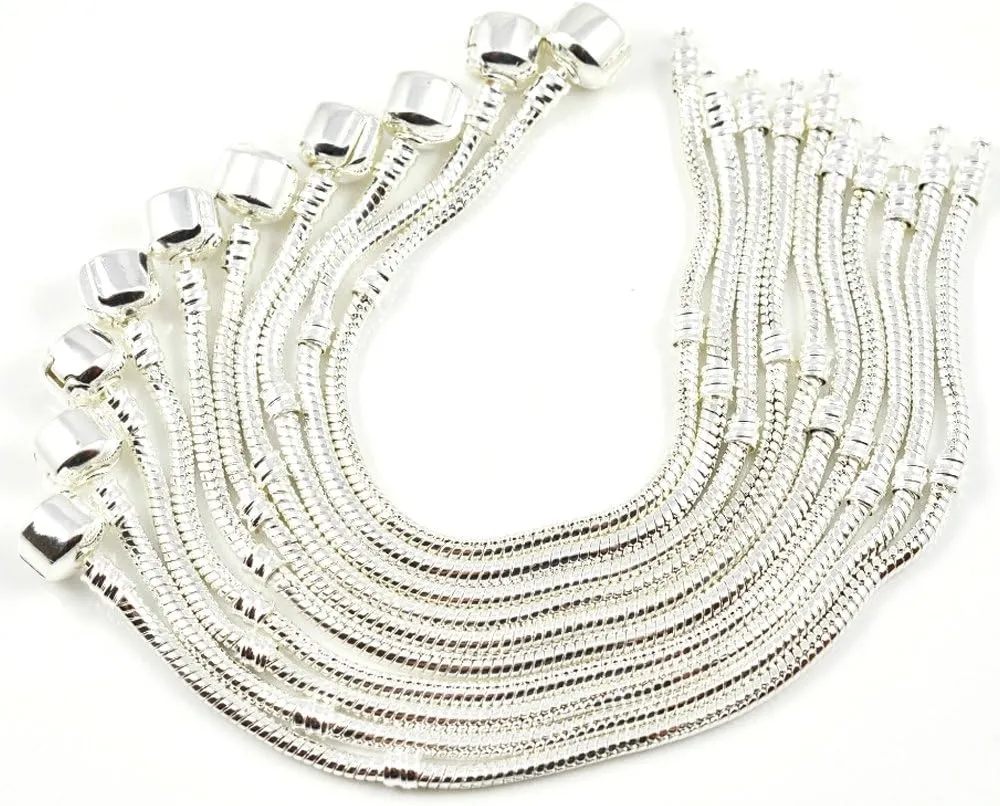 RUBYCA 5pcs 8.3" White Silver Plated Clasp European Snake Chain Charm Bracelet fit Charm Beads DIY