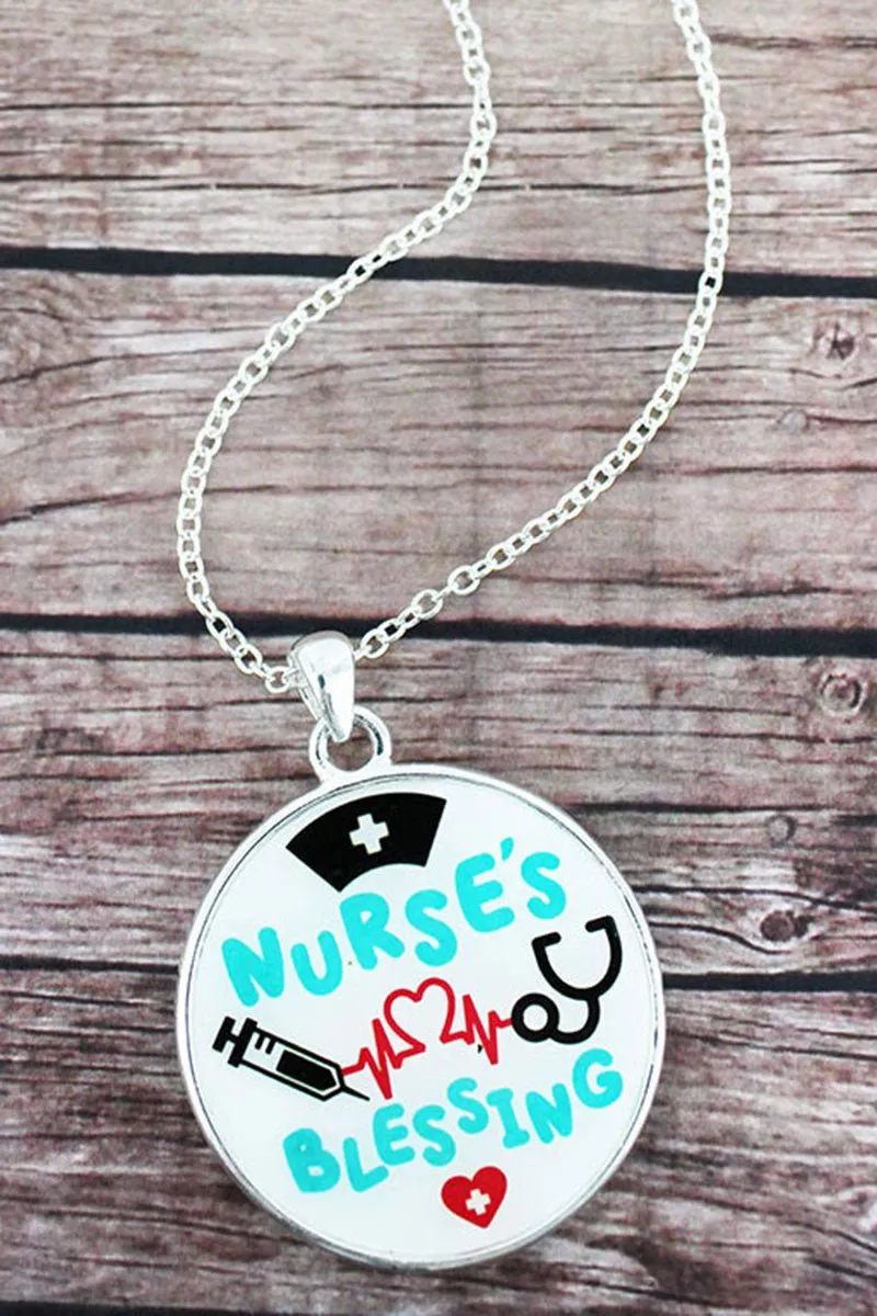 SALE! Nurse's Blessing and Silvertone Scroll Double-Sided Pendant Necklace