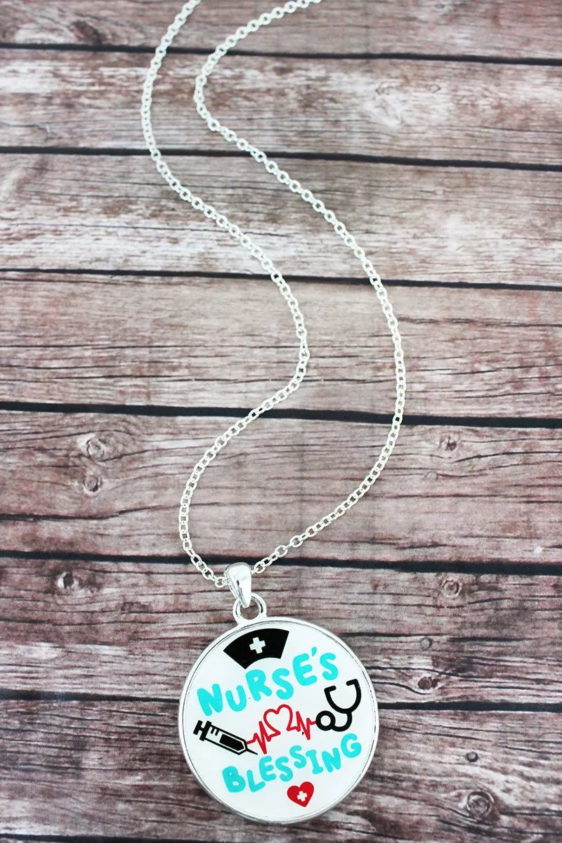 SALE! Nurse's Blessing and Silvertone Scroll Double-Sided Pendant Necklace