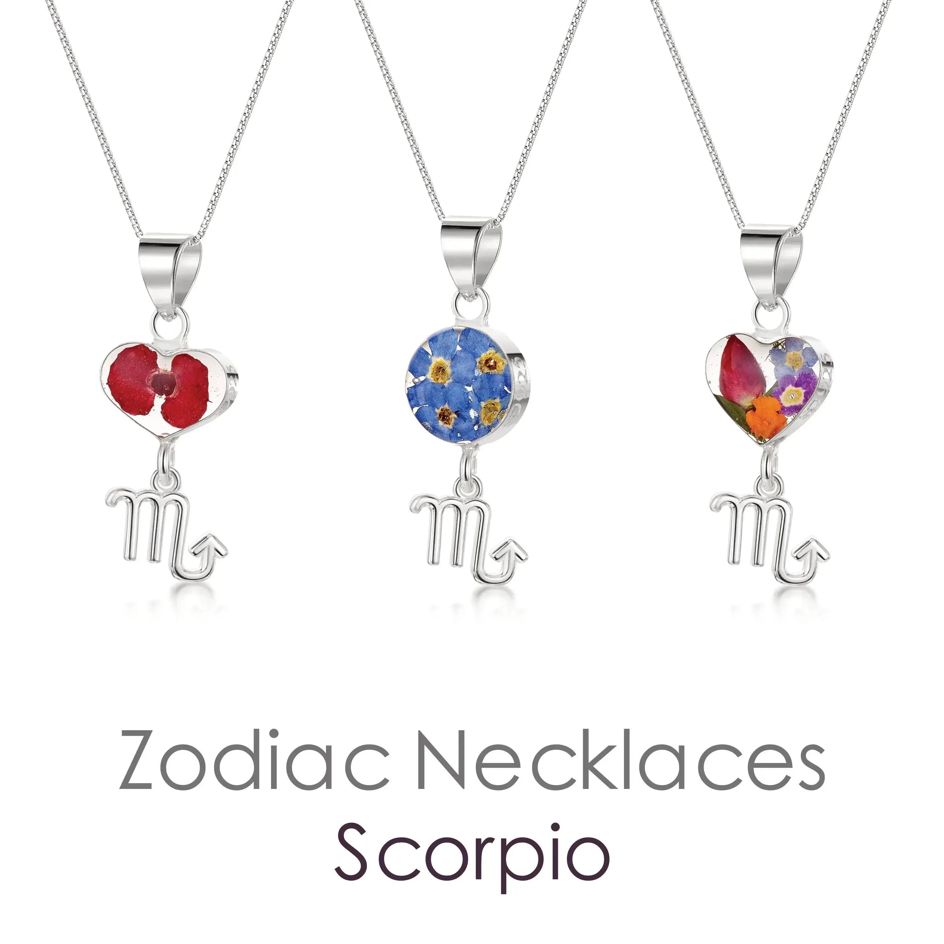 Scorpio Necklace - Sterling silver pendant with real flowers & a zodiac charm.  More Options...