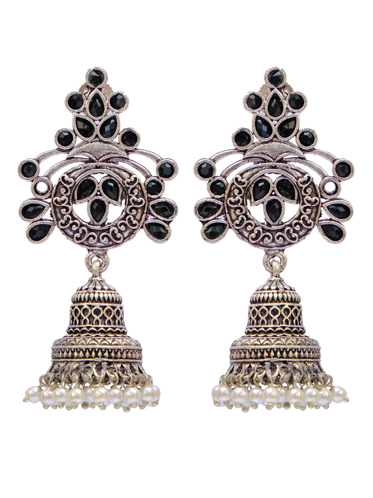 Silver Jhumka Earrings - Oxidized German Meenakri Black Floral Temple Design with Pearls