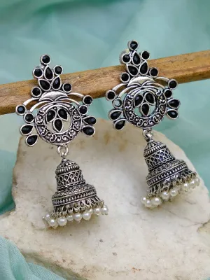 Silver Jhumka Earrings - Oxidized German Meenakri Black Floral Temple Design with Pearls