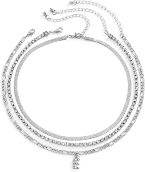 Silver Necklace Chain for Pendant,Silver Plated Necklaces 3 Layer Chain with Letter E Cubic Zirconia Necklaces for Women Silver