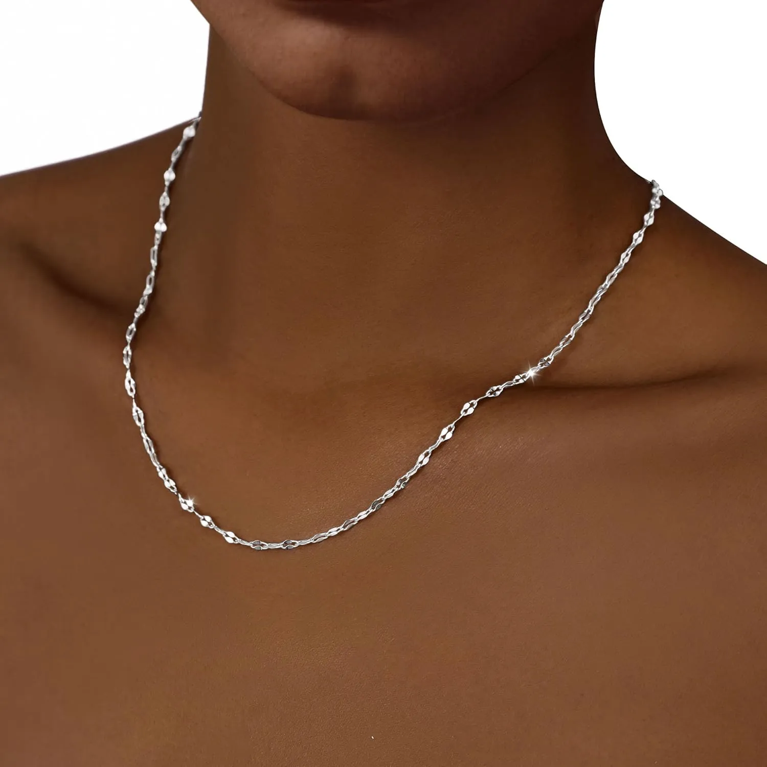 Silver necklace for women, Sterling Silver necklaces, Silver Plated Herringbone Box Curb Adjustable Link Chain Necklaces for Women Gift