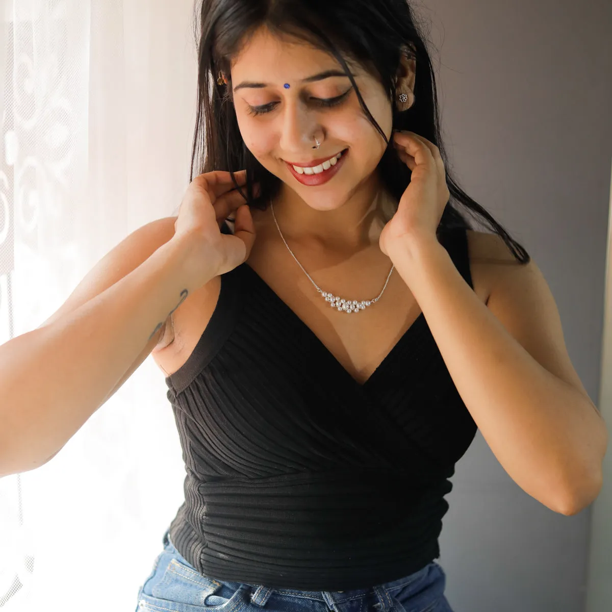 Silver Necklace with Beaded Pearls