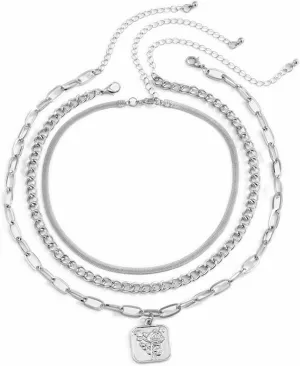 Silver Necklaces for Women,Silver Plated Chain Necklaces for Womens 3 Layer Chain with Flower Pendant Necklace for Women Silver