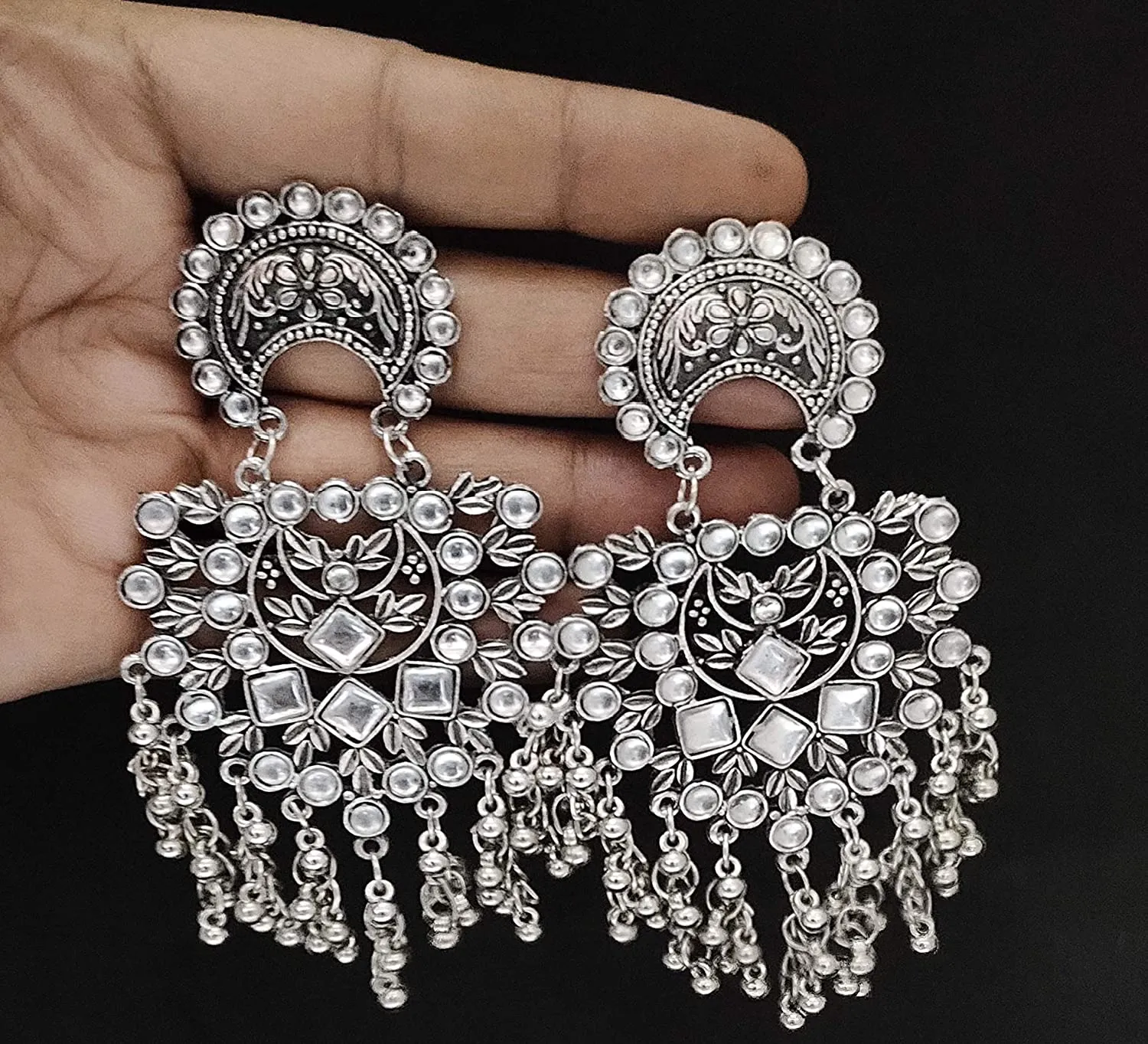 Silver Oxidised Chandbali Danglers Fashionable Women & Girls