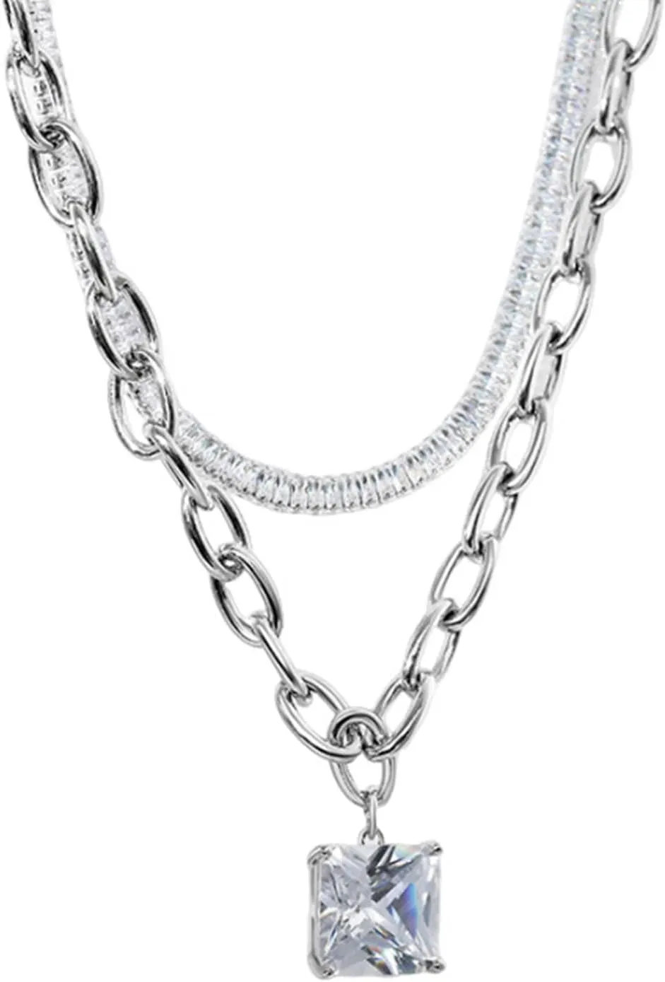 Silver Pendant Necklace, Silver Plated Fashion Necklaces for Women 2 Layered Chain White Cubic Zirconia Pendant Necklaces 39 5cm